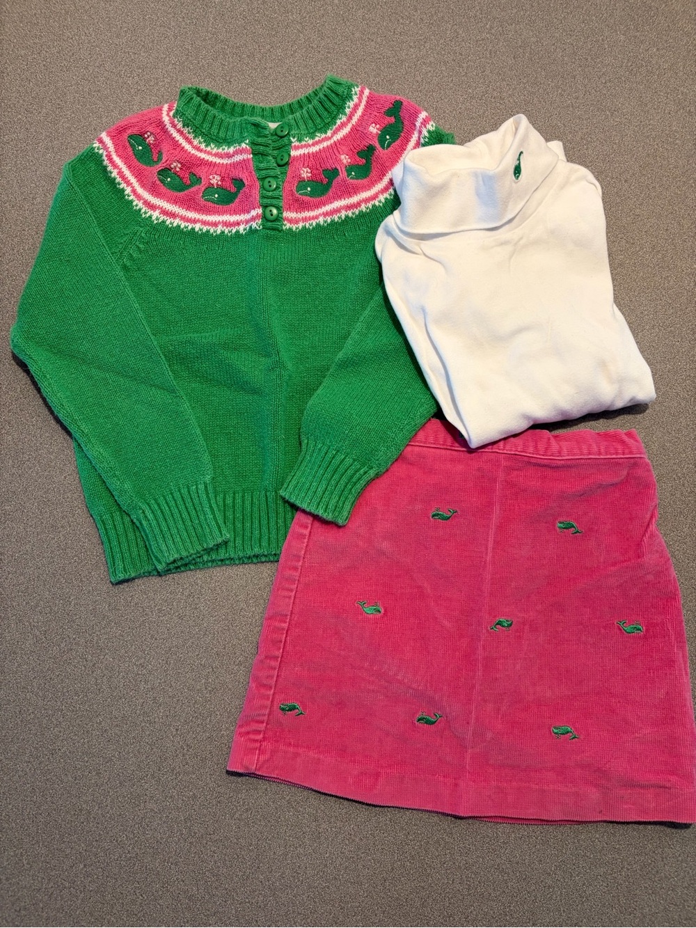 Vintage Hartstrings Pink & Green Whale Knit sweater turtleneck skirt.SZ 5/6